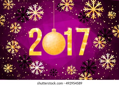 New Year 2017 card with golden snowflakes and Christmas ball. 