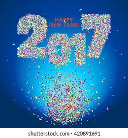 New Year 2017 celebration background. Happy New Year colorful digital type on blue background with confetti. Greeting card template. Vector illustration.