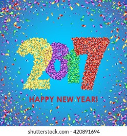 New Year 2017 celebration background. Happy New Year colorful digital type on blue background with confetti. Greeting card template. Vector illustration.