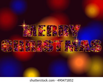 New Year 2017 celebration background. Merry Christmas type on a black blurred background and bokeh effect with a gold disco sequins and glitter. Greeting card template. Vector illustration.