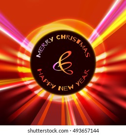 New Year 2017 celebration background. Frame of circular multicolored divergent rays and glare.Christmas greeting card template. Vector illustration.
