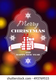 New Year 2017 celebration background. Merry Christmas type on a black blurred background and bokeh effect. Greeting card template. Vector illustration.