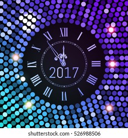 New Year 2017 celebration background. Purple circle disco pattern background with clock number 2017. Shining gradient club neon Happy New Year greeting holiday banner. Vectpr illustration EPS 10