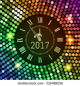 New Year 2017 celebration background. Colored circle disco pattern background with clock number 2017. Shining gradient club neon Happy New Year greeting holiday banner. Vectpr illustration EPS 10