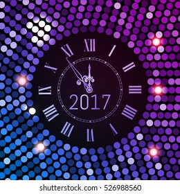 New Year 2017 celebration background. Purple circle disco pattern background with clock number 2017. Shining gradient club neon Happy New Year greeting holiday banner. Vectpr illustration EPS 10