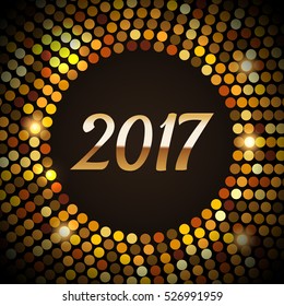 New Year 2017 celebration background. Happy New Year gold type on black background with gold disco sparkles and glitter. Greeting card template. Vector illustration.