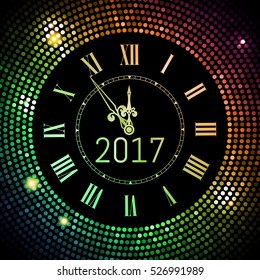 New Year 2017 celebration background. Colored circle disco pattern background with clock number 2017. Shining gradient club neon Happy New Year greeting holiday banner. Vectpr illustration EPS 10