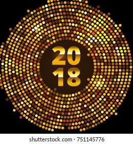New Year 2017 celebration background. Happy New Year gold type on black background with gold disco sparkles and glitter. Greeting card template. Vector illustration.