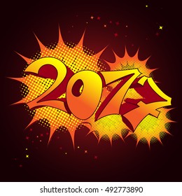 New Year 2017 celebration background.Figures in cartoon pop-art comic style.Vector illustration