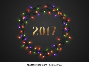 New Year 2017. Christmas background black color with realistic garlands
