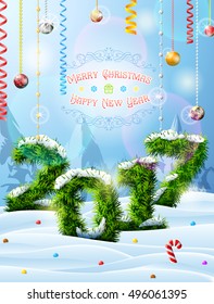 New Year 2017 of christmas tree twigs in snow. Winter landscape with pine branches, decoration and congratulation