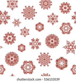 New Year 2017 collection. Red snowflakes seamless pattern in abstract style. Ornamental artistic vector illustration in red colors for Merry christmas cards. Freehand ethnic Xmas sketch.