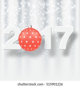New Year 2017 concept on  snow . Vector greeting card illustration with numbers and red ball.