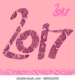 New Year 2017 concept. Text doodles hand made. Vector illustration on pink background.