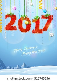 New Year 2017 of crumpled paper as christmas decoration. Winter landscape with holiday congratulation