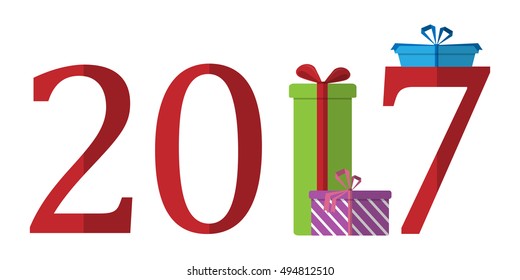 New year 2017 Design vector text. Isolated on white background figures and gifts.