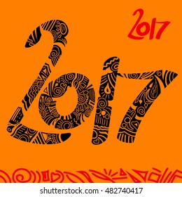 New Year 2017 doodle greeting card. Vector illustration of 2017 numbers. New year number on orange background.