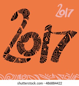 New Year 2017 doodle greeting card. Vector illustration of 2017 numbers on orange background.