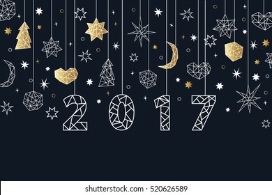 New Year 2017 geometric style background. Holiday composition with star, heart, moon, ball, noel. Greeting card, invitation, flyer, banner. 