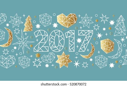 New Year 2017 geometric style background. Holiday composition with star, heart, moon, ball, noel. Greeting card, invitation, flyer, banner. 
