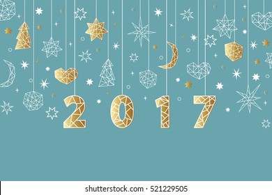 New Year 2017 geometric style background. Holiday composition with star, heart, moon, ball, noel. Greeting card, invitation, flyer, banner.