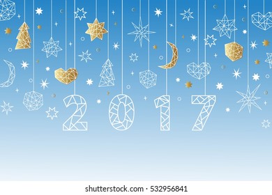New Year 2017 geometric style background. Holiday composition with star, heart, moon, ball, noel. Greeting card, invitation, flyer, banner.  