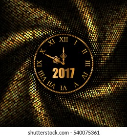 New Year 2017 gold background with clock. Vector illustration 