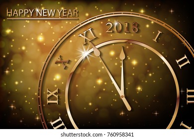 New Year 2017 gold background with bronze old clock. Greetings banner with sepia background. Vector illustration EPS 10