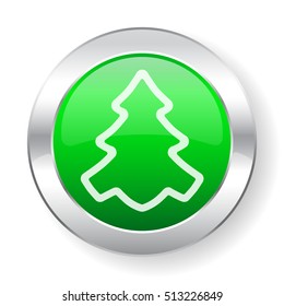 New year 2017 green button with a Christmas tree, chrome circle icon