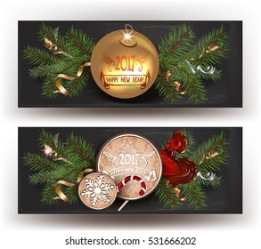 NEW YEAR  2017 GREETING BANNERS WITH TREE BRANCHES AND CHRISTMAS DESIGN ELEMENTS ON THE BLACKBOARD BACKGROUND. VECTOR ILLUSTRATION