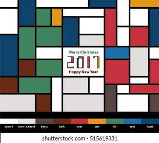 New Year 2017 Greeting Card with Santa Claus Christmas Tree and Text on Night Sky and Snow Background - Black Blue Brown Green Grey Orange Red and White Elements - Mondrian Abstract Art Style