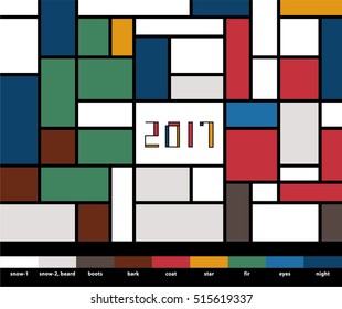 New Year 2017 Greeting Card with Santa Claus and Christmas Tree on Night Sky and Snow Background - Black Blue Brown Green Grey Orange Red and White Elements - Mondrian Abstract Art Style