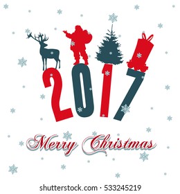 New Year 2017 greeting card with Santa Claus, reindeer, christmas tree, gift, snowflakes and lettering on a snowy background. Vector illustration. Happy holidays.