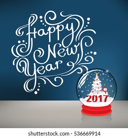 New year 2017 greeting card . Snow globe with snowman and christmas tree