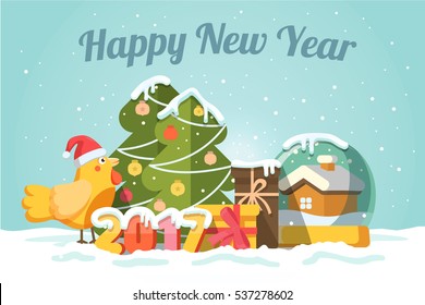 New year 2017. Greeting card. Year fire cock. Flat vector illustration