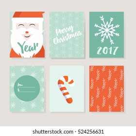 New Year 2017 greeting cards set with cute Santa, lolipop and snowflakses. Includes holiday themed seamless patterns. 