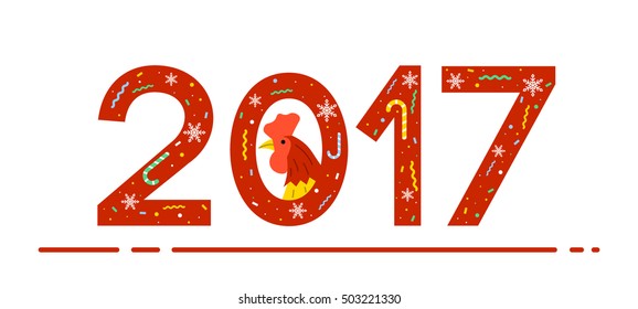 New Year 2017 greeting on white background with a rooster as a symbol of 2017 year vector icon. New Year and Christmas celebration topic. 