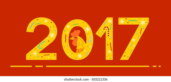 New Year 2017 greeting on red background with a rooster as a symbol of 2017 year vector icon. New Year and Christmas celebration topic. 
