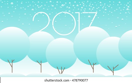 The New Year 2017 greeting poster. Winter day landscape with trees covered with snow and typographic label "2017"