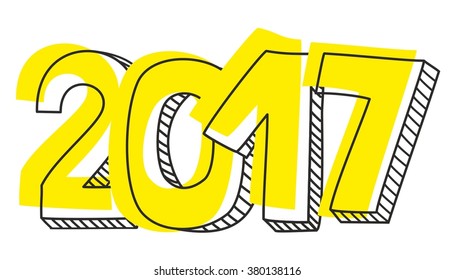 New Year 2017 hand drawn vector yellow sign isolated on white background