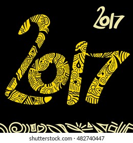 New Year 2017 hand drawn yellow vector doodle sign on blaack background. Happy new year greeting card with doodles. 2017 new year background.