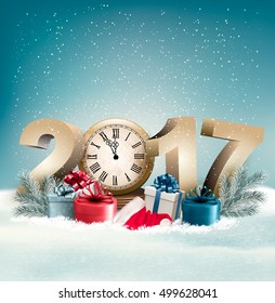 New Year 2017 holiday background with snow and gift boxes. Vector.