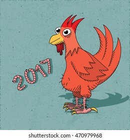 New Year 2017 Icon of Rooster or Cock with Worms Shaped Figures - Black Red and Yellow Elements on Turquoise Rough Paper Illusion Background - Quick Colored Sketch Handdrawn Style

