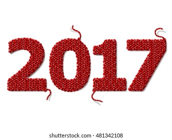 New Year 2017 of knitted fabric isolated on white background. Crocheted fragments in shape of number 2017