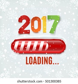 New year 2017 loading bar on winter background with snow and snowflakes. Vector illustration.