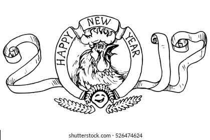 New Year 2017 Logo with  rooster  - vector illustration isolated on white