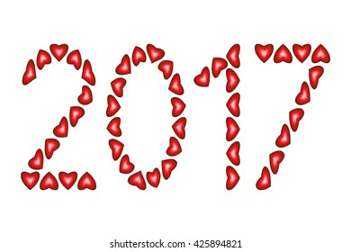 New Year 2017 made from hearts isolated on white background