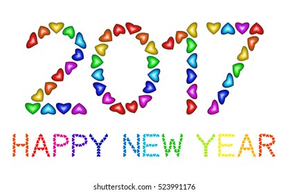 New Year 2017 made from multicolored hearts isolated on white background. Numbers of year 2017. Rainbow greeting card. Happy holidays colorful design for banners, posters, flyers, calendar. Vector