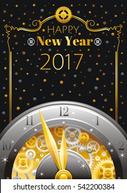 New year 2017 Merry Christmas frame border. Greeting card design, clockwork, cogwheel, minute, hour hand, vintage clock element, black background. Gold silver icon, text lettering, golden star