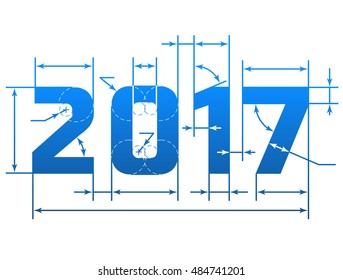 New Year 2017 number with dimension lines. Element of blueprint drawing in shape of 2017 year